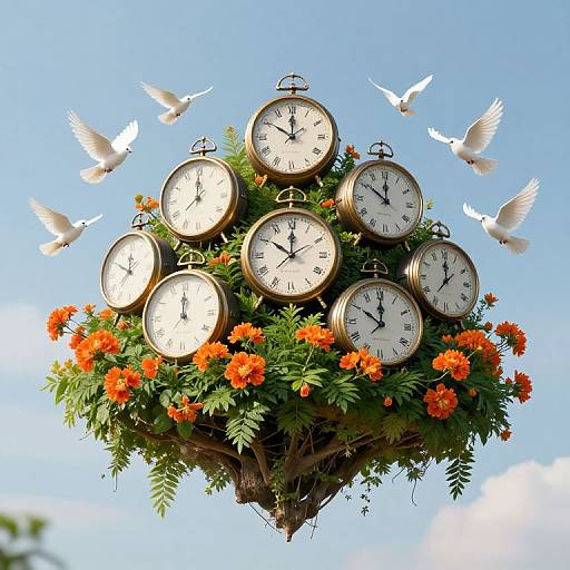 Photograph of a clock tree with nine vintage clocks, surrounded by bright orange flowers and green leaves, floating in a blue sky with white doves flying