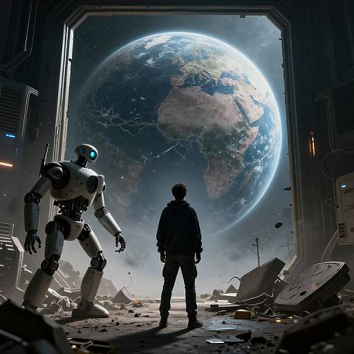 Sci-fi digital artwork: Silhouetted astronaut faces white robot and giant Earth in space, amidst dark, damaged futuristic ship interior.