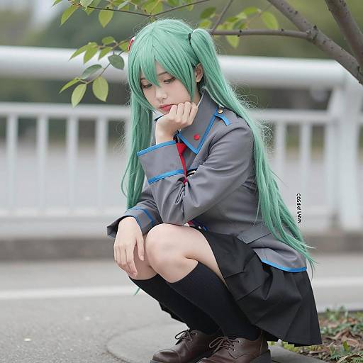 Cosplayer with Long Green Hair in Military-style Jacket