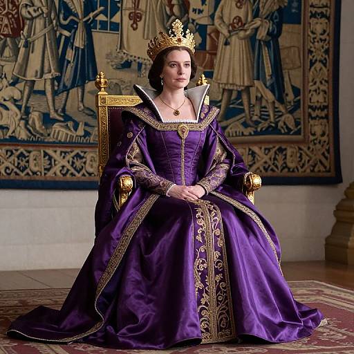 Photograph of a regal woman in a detailed purple royal gown and gold crown, seated on an ornate throne, with medieval tapestry background.