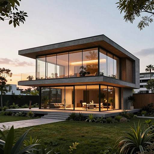 Photograph of modern, two-story glass house at sunset, with warm interior lighting, wooden accents, lush green lawn, and surrounding trees.