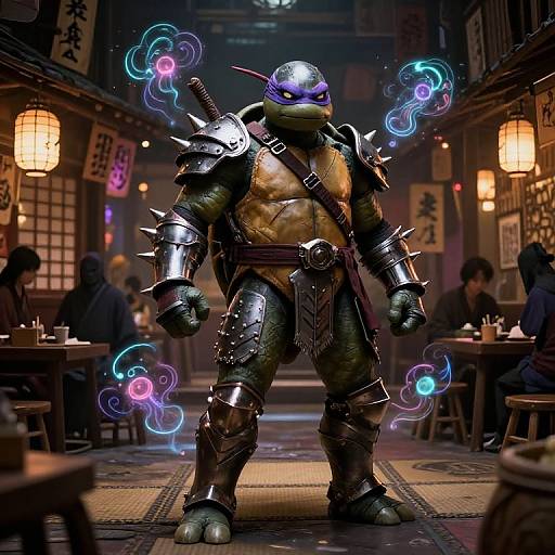 Photorealistic CGI of a muscular, armored green turtle with glowing blue and purple energy spheres, standing in a dimly lit, bustling Japanese street restaurant