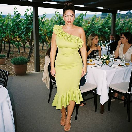Photograph of a curvy woman with dark hair in an updo, wearing a yellow, one-shoulder, ruffled dress, and sandals