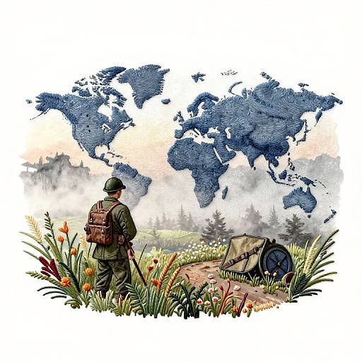 Illustration of a soldier with backpack and helmet, standing in a grassy field with flowers, facing a blue world map.