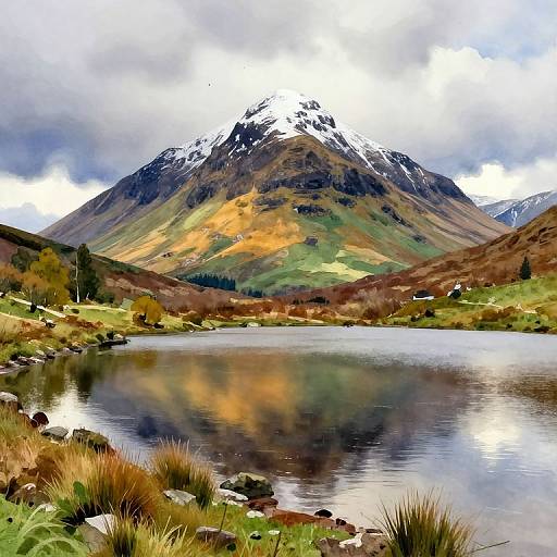 Photograph of a serene mountain landscape with a snow-capped peak, reflecting in a calm lake surrounded by grassy meadows and rocky shore.