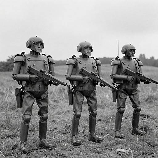 Black-and-white photograph of three robotic soldiers standing in a grassy field, each holding a rifle, wearing helmets and armor.