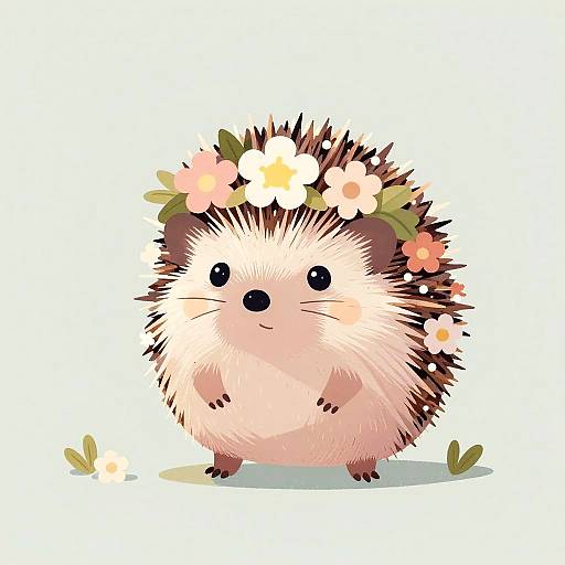Adorable digital illustration of a chubby, fluffy hedgehog with a flower crown, large black eyes, and pinkish-white fur, standing on a light
