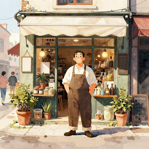 Happy Merchant in Flourishing Shop