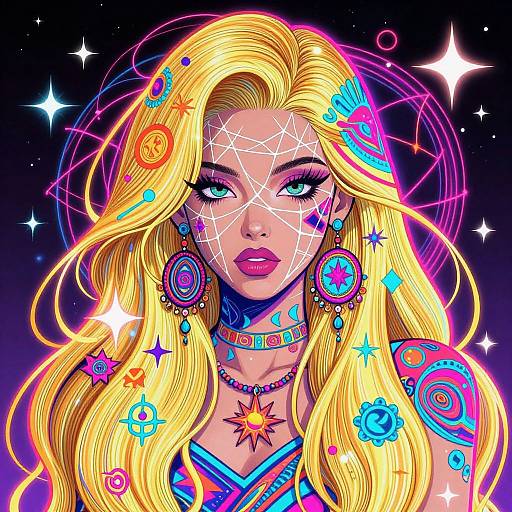 Vibrant digital illustration of a blonde woman with glowing neon makeup, colorful geometric patterns, and star accents against a starry background.