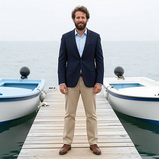 Photograph of a bearded man with curly hair, wearing a navy blazer, white shirt, beige pants, and brown shoes, standing on a