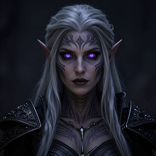 CGI fantasy portrait of a silver-haired, blue-eyed elf with dark tribal tattoos, glowing purple eyes, pointed ears, and dark armored clothing.