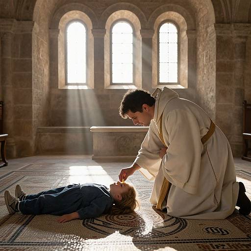 Photograph of a bearded man in white robe kneeling beside a young boy in blue, inside a sunlit stone church with arched windows.