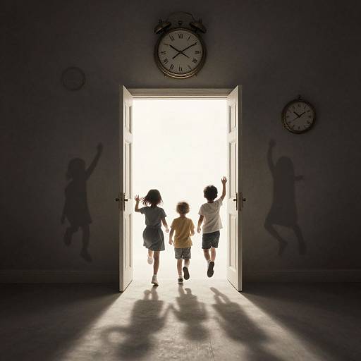 Photograph of four silhouetted children running through a brightly lit doorway, casting shadows on dark walls with two clocks above.