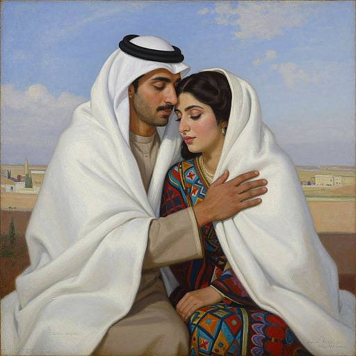 Traditional oil painting of a Middle Eastern couple in white shawls, embracing tenderly; she wears a colorful dress, he has a black cap.