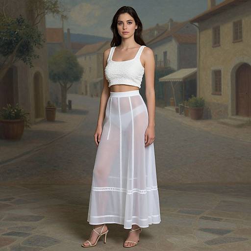 Photograph of a young woman with dark hair, wearing a white lace crop top and sheer white maxi skirt, standing on a cobblestone street with