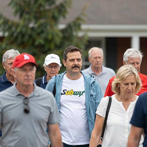 Man Wearing Subway T-Shirt Among Crowd Outdoors