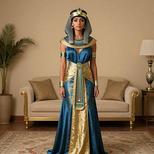 Photograph of a young woman in an ancient Egyptian-style blue and gold dress, striped headdress, and jewelry, standing in an elegant living room.