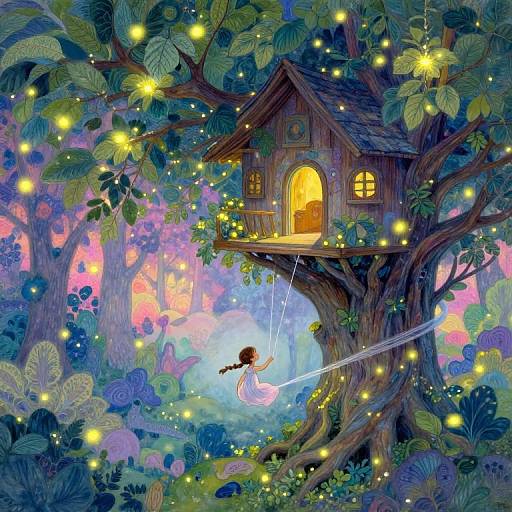 Whimsical digital illustration of a fairy-tale forest with a glowing wooden treehouse, glowing fireflies, and a girl in a white dress swinging