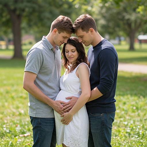 Pregnant Couple Embracing in Sunlit Park