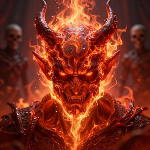Digital artwork of a demonic figure with fiery red horns and intense glowing eyes, surrounded by bright flames, with two blurred dark figures in the background.