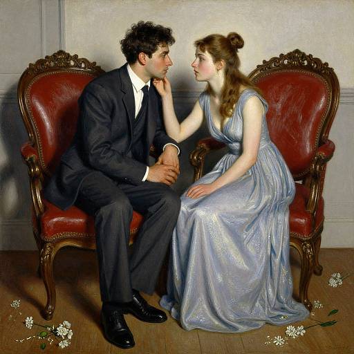 Photograph of a curly-haired man in a black suit and white shirt, sitting on a red leather chair, gazing at a woman in a shimmer