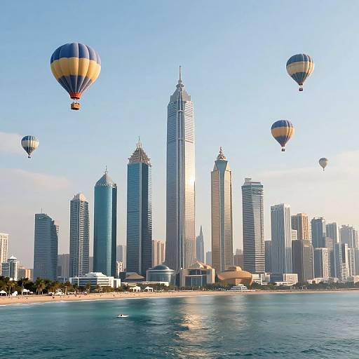 Photograph of a city skyline with tall, modern skyscrapers, colorful hot air balloons floating above, and calm blue ocean in the foreground. Bright