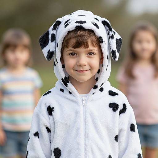Photograph of a young boy with brown hair, wearing a white, black-spotted Dalmatian hoodie, standing outdoors with two blurred girls in