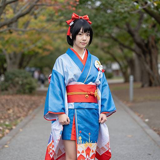Photograph of an Asian woman in a blue and white kimono with red accents, red obi, and black bob haircut, standing on a tree