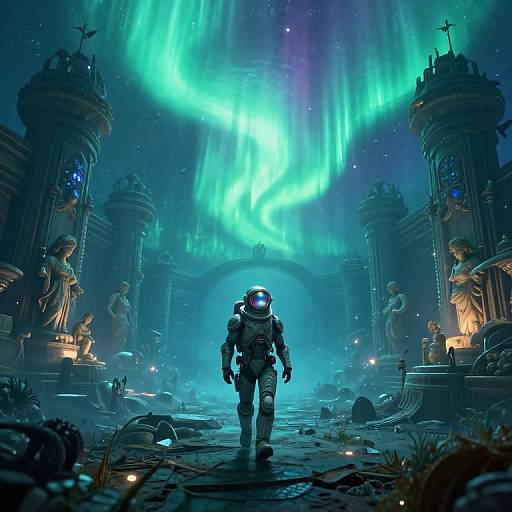 Digital artwork of a lone astronaut in a futuristic suit, walking toward a grand, ancient temple under vibrant, glowing auroras.