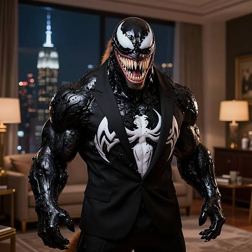 Photorealistic CGI of Venom standing in a modern, dimly-lit apartment at night, showcasing his glossy black, muscular physique with a large white