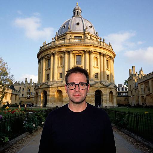 Photograph of a man with short dark hair, glasses, and black shirt, standing in front of a grand, sunlit, domed building.