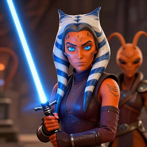 CGI image of a blue-eyed, orange-skinned Togruta Jedi with blue-striped lekku, holding a glowing blue lightsaber, standing