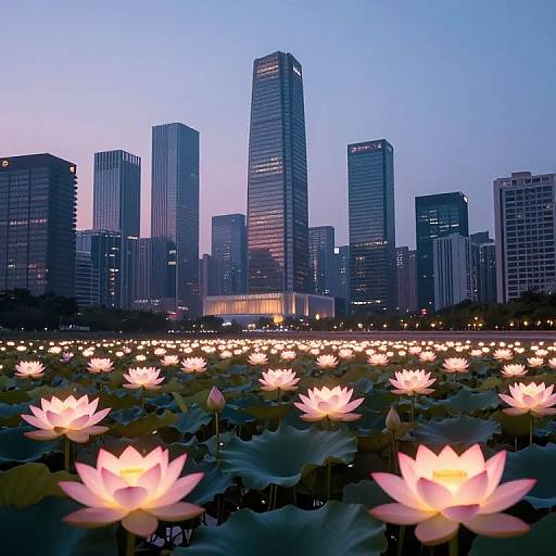 Photograph of a twilight cityscape with illuminated pink lotus flowers in a pond, reflecting against tall, modern skyscrapers.