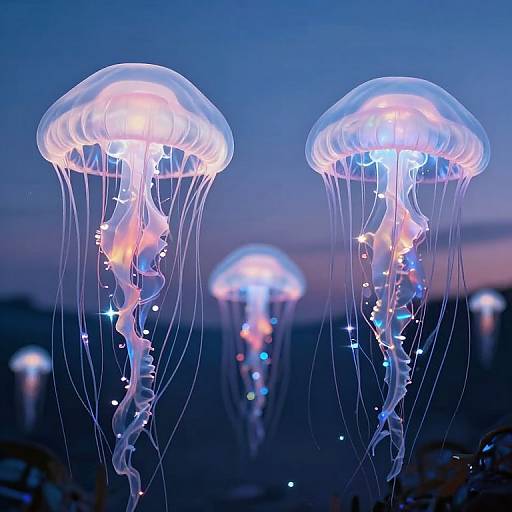 Photograph of glowing, bioluminescent jellyfish adorned with colorful lights, floating against a twilight blue sky. Background features blurred, smaller illuminated jelly