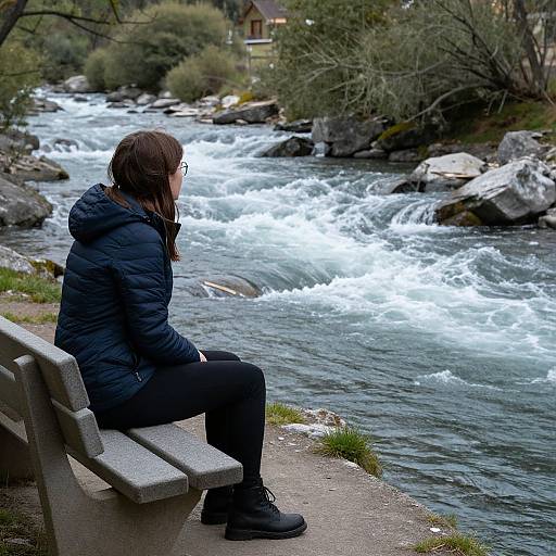 Photograph of a woman with brown hair, wearing a black puffer jacket and black pants, sitting on a concrete bench by a turbulent, rocky river
