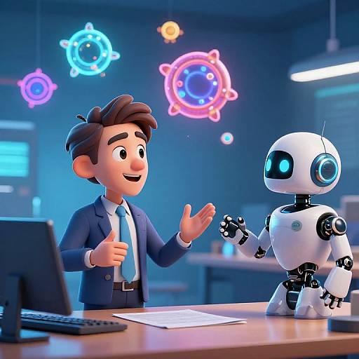 Mad Professor Teaching Robot Cartoon