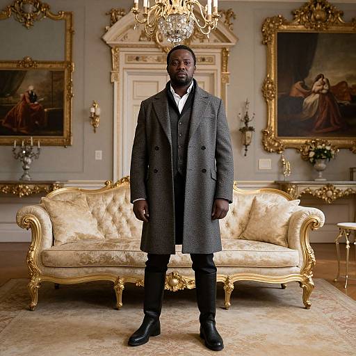 Photograph of a Black man in a long gray overcoat, standing in an ornate, gold-accented living room with vintage paintings.