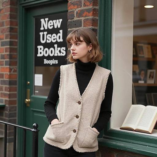 Chic Woman by Bookstore Window