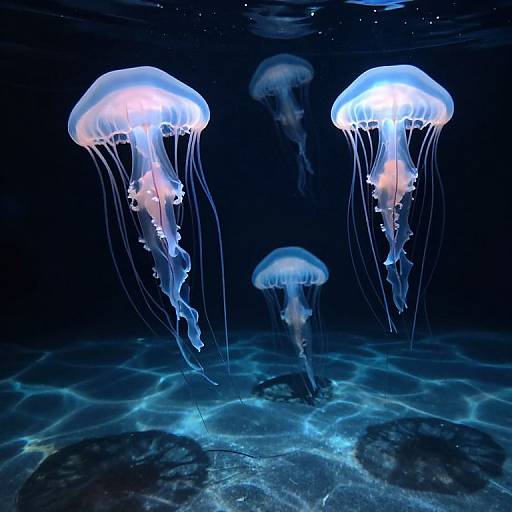 Photograph of glowing blue and white jellyfish with translucent bells and long, flowing tentacles, floating in a dark underwater environment with illuminated, wavy