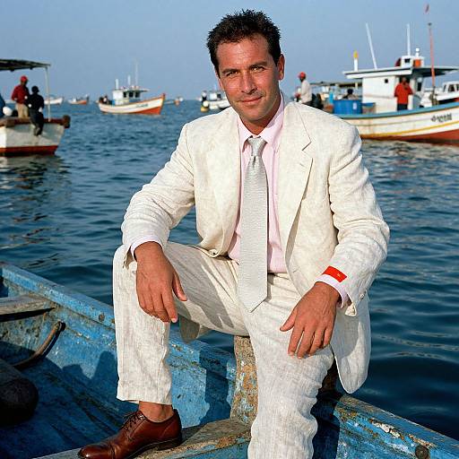 Photograph of a smiling, dark-haired man in a white suit and pink shirt, sitting on a blue wooden dock, with boats and clear blue water