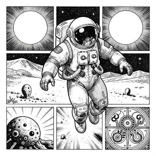 Black and white comic illustration of an astronaut in a bulky spacesuit walking on the moon, surrounded by moonscapes and planets. Intricate linework