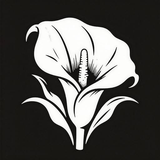 Black and white digital drawing of a stylized lily flower with bold, flowing lines and a prominent central stamen, set against a solid black background