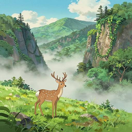 Digital illustration of a young deer with small antlers standing in a misty, lush mountain valley, surrounded by vibrant green foliage and towering cliffs.