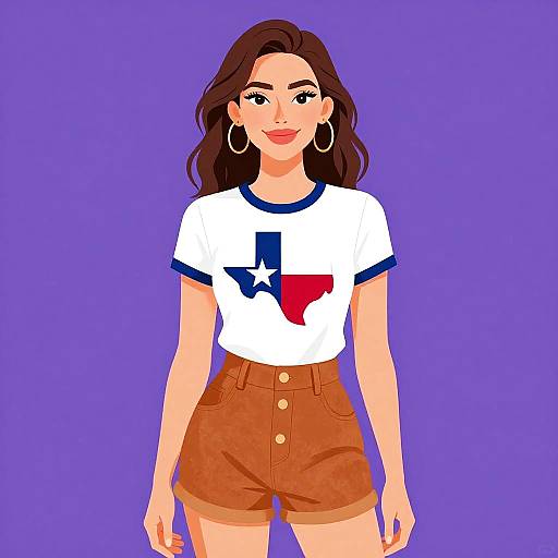 Digital illustration of a smiling woman with wavy brown hair, wearing a white T-shirt with a Texas flag design, high-waisted brown shorts,
