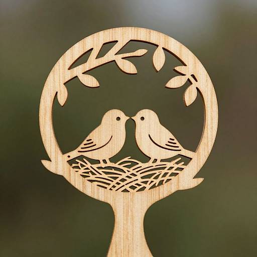 Photograph of a light wooden cutout featuring two birds on a nest, beneath a circular tree with branches and leaves.