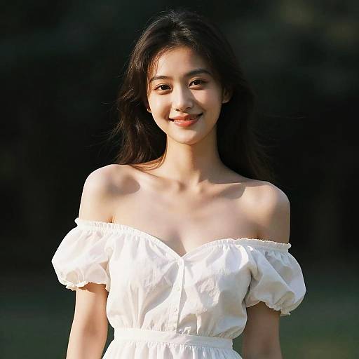 Photograph of a young Asian woman with long black hair, smiling, wearing an off-the-shoulder white dress, standing against a dark, blurred