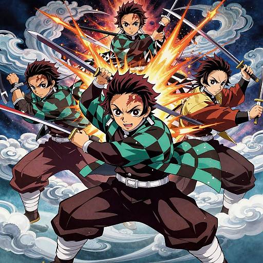 Digital anime artwork of four intense, brown-haired, sword-wielding warriors in green-checkered and brown robes, surrounded by explosive fire and swirling clouds.