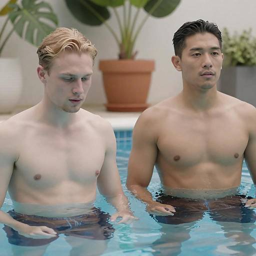 Shirtless Men in Pool with Plants