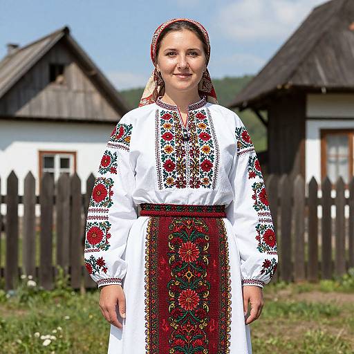 Photograph of a smiling woman in traditional Eastern European folk dress with red and black floral embroidery, standing in front of rustic wooden houses and a picket