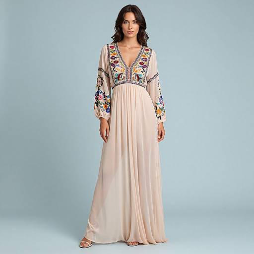 Photograph of a dark-haired woman in a long, white, floral-embellished V-neck dress with flowing sleeves, standing against a light blue